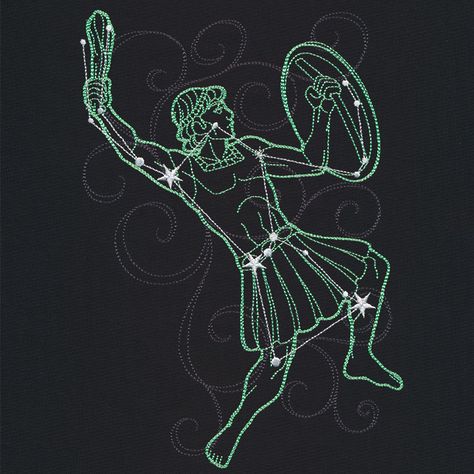 Orion Constellation art Orion Mythology, Constellation Project, Hercules Constellation, Orion Tattoo, Ancient Greece Mythology, Book Drawings, Embroidered Embellishments, Greece Mythology, Orion Constellation