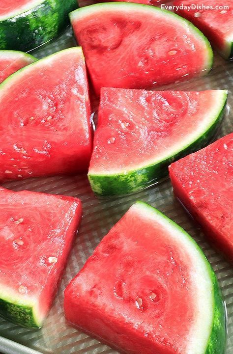 Our coconut rum infused watermelon wedges were a hit with everyone in the test kitchen, so it makes sense to share this ridiculously simple recipe with our friends! Fruit And Veggie Fast, Drunk Watermelon, Drunken Watermelon, Steak 48, Alcohol Infused Fruit, Watermelon Wedges, Fast Breakfast, Watermelon Wedge, Wedges Recipe