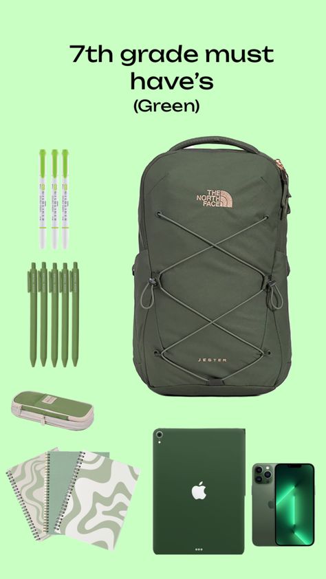 School supplies green Aesthetic School Supplies Green, Sage Green School Supplies, Green School Supplies Aesthetic, Green School Supplies, Aesthetic School Supplies, Pretty School Supplies, College Student Hacks, School Pack, Backpack Essentials