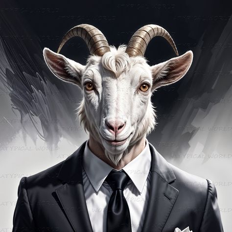 Fantasy Minimalist Portrait of a Man-Goat in Stylishly Lawyer Style: Suit, Horns and Goatee, Unique Hell Lawyer Art, Wall Decor Design. Goat Portrait, Lawyer Art, Lawyer Style, Paintings For Interior, Minimalist Portrait, Lawyer Fashion, Water Signs, 4 Images, Dark Pictures