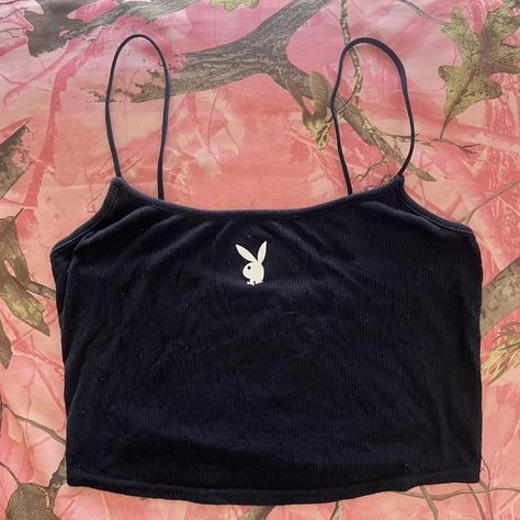 y2k playboy bunny logo black cami tank top 🩷🪽👯‍♀️💫✨... - Depop Y2k Black Top With Built-in Bra, Playboy Belly Ring, Playboy Clothes, Playboy Bunny Necklace, Playboy Necklace Gold, Black Cami, Bunny Logo, Playboy Bunny, Black Camis