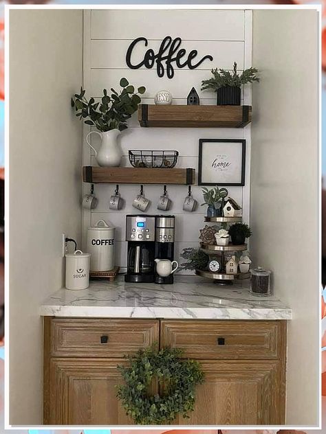 Looking to elevate your home coffee experience? Check out these 10 creative home coffee bar ideas to transform your space into a cozy and stylish haven for your daily caffeine fix. From chic shelving to personalized mugs, these ideas will inspire you to create your own coffee oasis at home. Perfect for coffee lovers and interior design enthusiasts alike! Coffee Bar Asthetic Picture, Coffee Bar Shelf Ideas Farmhouse, Coffee Bar Ideas Cottage Core, Coffee/alcohol Bar Ideas Kitchen, Farmhouse Coffe Station Small Hutch, Farmhouse Coffee Bar, Coffee Bar Design, Bar Inspiration, Coffee Nook