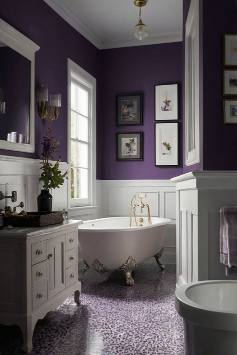 Step into luxury with Majestic Purple (SW 6545) as we enhance your bathroom with regal hues. Discover how to add sophistication to your space with our daily interior designer routine. #Ad #homedecor #homedesign #bathroom #Painthome interiorarchitecture best Wall Colors for Bathroom Colors Bright Room Colors best colors combinations bathroom bathroom Remodeling Modern Paint Colors 2024 Purple Master Bath, Purple Wall Bathroom, Home Decor Ideas Purple, Majestic Purple Sherwin Williams, Purple And White Bathroom Ideas, Dark Purple Bathroom Walls, Small Purple Bathroom Ideas, Lilac Marble Bathroom, Purple Themed Bathroom