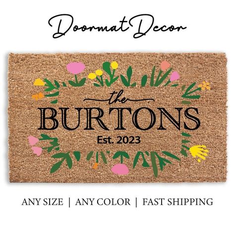 Personalized Spring Flower Doormat, Flocked Coir Door Mat, Colorful Custom Name Outdoor Welcome Mat Rug Gift, Floral Flower Outdoor Welcome Mat, Entryway Style, Coir Door Mat, Funny Welcome Mat, Outdoor Entrance, Doormat Funny, Funny Doormats, Design Text, Coir Doormat