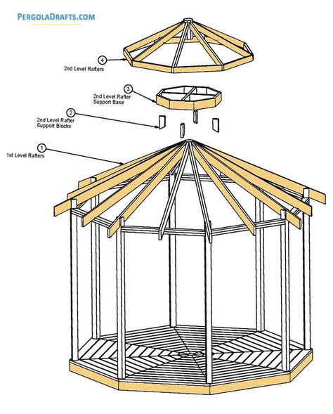 These 12 feet hip roof octagon gazebo plans blueprints have aided many DIY enthusiasts to build a practical summerhouse easily. 12 Feet Hip Roof Octagon Gazebo Plans With Structural Layout Octagon Gazebo Blueprints And Deck Patterns Gazebo Construction Drafts And Rafter Details List Of Materials For Gazebo Crafting Diy Octagon Gazebo, Octagon Gazebo Ideas Backyard, Octagon Roof Design, Gazebo Building Plans, Octagon Greenhouse, Gazebo Roof Ideas, Gazebo Plans Diy, Octagon Arbor, Wooden Gazebo Plans