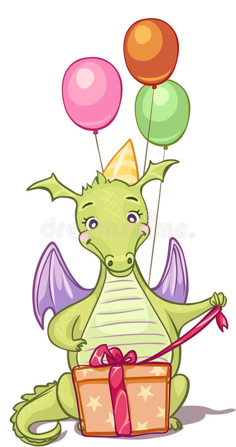 Birthday Dragon Art, Dragon Card Ideas, Balloon Dragon, Dragon Christmas Card, Happy Birthday Dragon, Birthday Balloon Illustration, Birthday Illustrations, Present Ribbon, Balloons Illustration