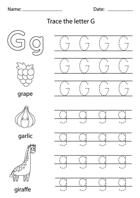 Learning English alphabet for kids. Letter G. English Alphabet For Kids, Letter G Activities, Letter Writing Practice, Learning Alphabet, Lowercase Letter, Letter Worksheets, Alphabet Activities Preschool, Letters For Kids, Lettering Practice