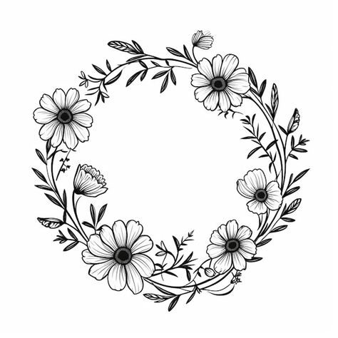 Flowers Drawing Circle, Circle With Flowers Drawing, Woodburning Flowers Patterns, Pyrography Flower Patterns, Floral Embroidery Wreath Patterns Templates, Flower Crown Drawing, Crown Drawing, Pyrography Designs, Flower Drawing Design