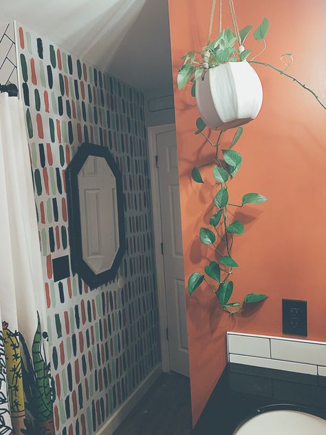 Desert Theme Bathroom, Orange And Green Bathroom, Desert Bathroom Decor, Mexican Color Scheme, Tiki Bathroom, How To Paint Behind A Toilet, Earth Tone Bathroom, Desert Bathroom, Vibe Bathroom