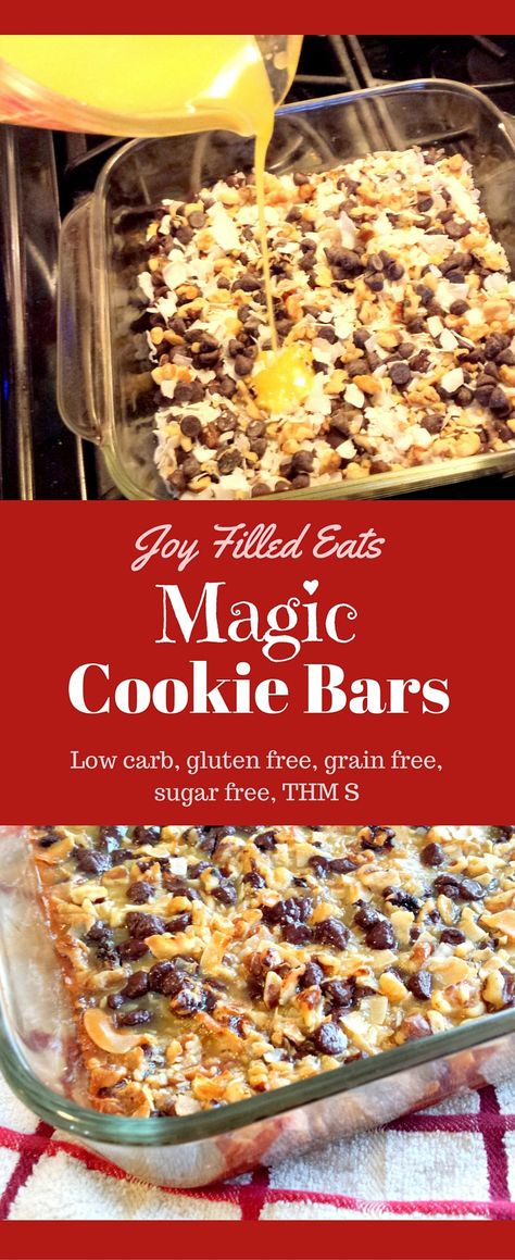 These Magic Cookie Bars taste just like the 'real' ones. No one will ever know they are sugar free, grain free, gluten free, low carb, and a THM S. Galletas Keto, Trim Healthy Mama Dessert, Magic Cookie Bars, Keto Cookie Recipes, Postre Keto, Joy Filled Eats, Thm Desserts, Dessert Aux Fruits, Keto Friendly Desserts