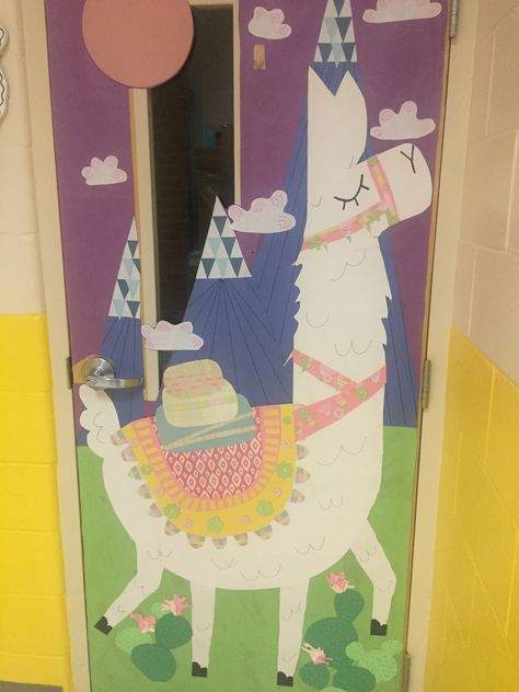 Llama classroom door Llama And Cactus Classroom Theme, Llama Door Decorations Classroom, Llama Classroom Door Ideas, Llama Classroom Decor, Llama Bulletin Board Ideas, Cowgirl Classroom, Llama Classroom Theme, Llama Bulletin Board, Peru Crafts