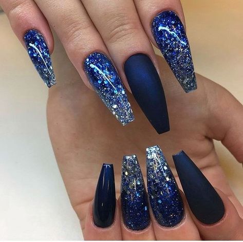 Navy Nail Art, Navy Blue Nail Designs, Blue Prom Nails, Blue And Silver Nails, Silver Nail Designs, Blue Coffin Nails, Navy Nails, Blue Glitter Nails, Navy Blue Nails