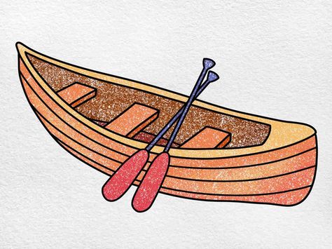 How To Draw A Canoe Step By Step, Kayak Drawing Simple, Canoe Drawing, Canoe Drawing Simple, Canoe Paint Designs, Kayak Line Drawing, Canoe Pictures, Red Crayon, Blue Crayon