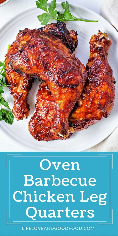 A white plate with 3 BBQ leg quarters and parsley to garnish. Baked Leg Quarter Recipes, Oven Bbq Chicken Legs, Chicken Leg Quarters Oven, Leg Quarter Recipes, Baked Barbecue Chicken, Baked Bbq Chicken Legs, Baked Chicken Quarters, Oven Barbecue Chicken, Turkey Entrees