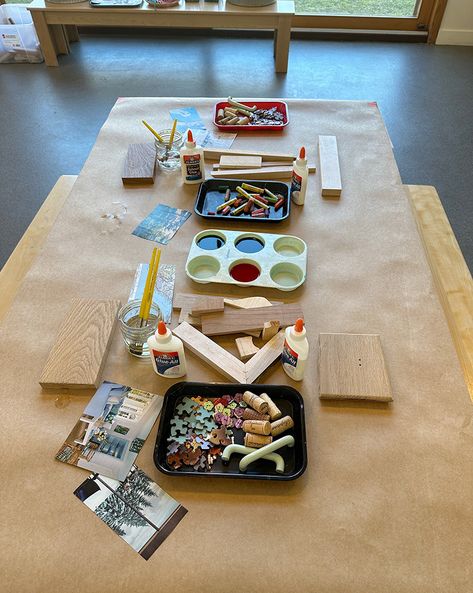 A table set up for open-ended exploration with wood, liquid watercolor, collage, and glue. Open Ended Art Activities For Kindergarten, Collage Activity For Preschoolers, Open Ended Materials Preschool, Open Ended Art For Preschool, Open Ended Art For Toddlers, Texture Collage Preschool, Open Ended Painting For Preschool, Open Ended Art, Open Ended