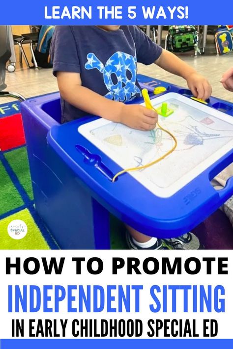 Independent sitting is an important milestone! In this blog post, I’m sharing five effective ways to promote independent sitting in early childhood special education. I talk about adaptive seating and positioning, sensory integration activities, as well as functional play and games. I also talk about fine motor activities and how these promote independent sitting. Learn more now! Special Education Preschool Activities, Ecse Activities, Ecse Classroom, Special Education Preschool, Sensory Integration Activities, Functional Play, Preschool Transitions, Special Education Lesson Plans, Early Childhood Special Education