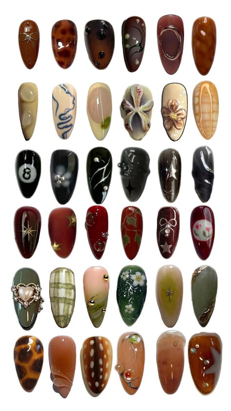 Garbo Core Nails, Simple 2024 Nails, Funky Retro Nails, Really Cool Nails, Earthy Nail Art, Steam Punk Nails, Cool Funky Nails, Bug Nails Art, Boho Gel Nails