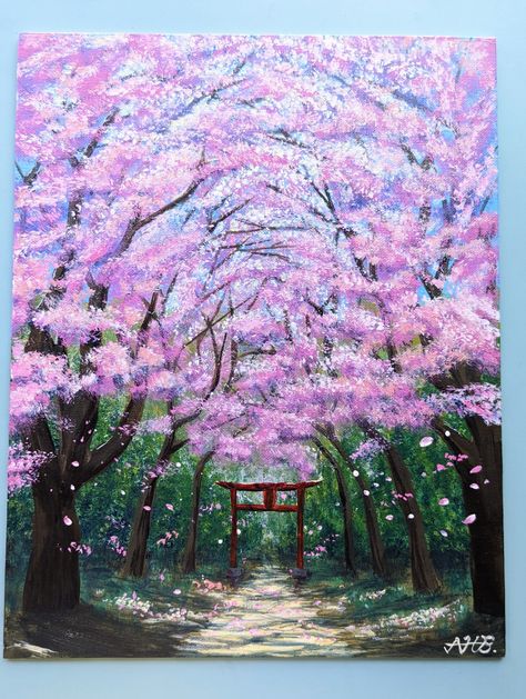 Acrylic painting tutorial for beginners Cherry Blossom Forest Painting, Easy Cherry Blossom Painting, Sakura Painting Acrylic, Cherry Blossom Bridge, Sakura Tree Painting, Cherry Blossom Drawing, Sakura Painting, Festival Paint, Blossom Painting