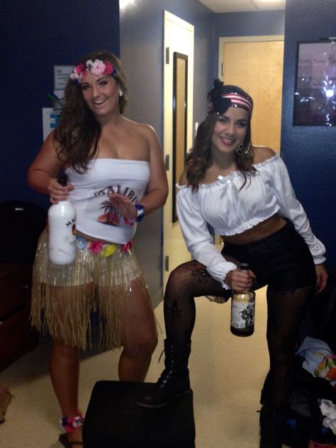 DIY liquor halloween costume, Malibu & Captain Morgan Malibu Halloween Costume, Liquor Halloween Costumes, Malibu Costume, Bartender Halloween Costumes, Alcohol Costumes, Captain Morgan Costume, Halloween Costume Gif, Alcohol Halloween Costumes, Malibu Outfit