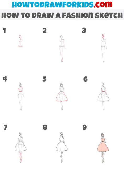 how to draw a fashion sketch step by step How To Draw Dresses On People, Fashion Design Sketches Step By Step, Fashion Drawing Beginner, Fashion Design Doll Sketch, How To Draw Fashion Sketches Step By Step, How To Draw A Maniquin Step By Step, How To Draw A Figure Step By Step, Step By Step Drawing Clothes, How To Sketch Fashion Design For Beginners