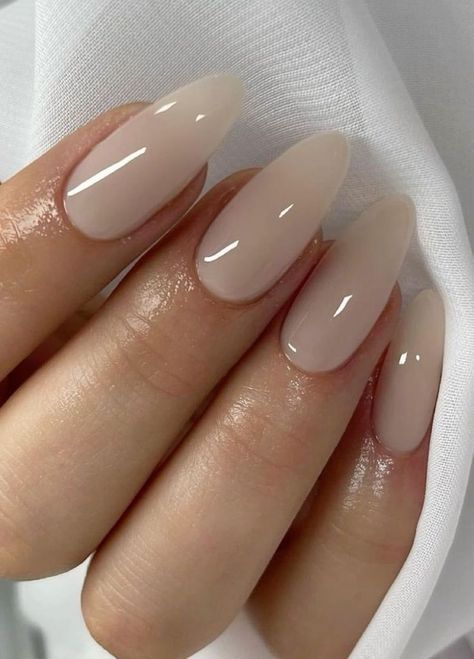 Gel X Medium Almond, Elegant Beige Nails, Beige Neutral Nails, Neutral Nails Tan, Chrome Nails Nude Base, Shiny Nude Nails, Light Tan Nails, Cream Almond Nails, Tan Nails Acrylic