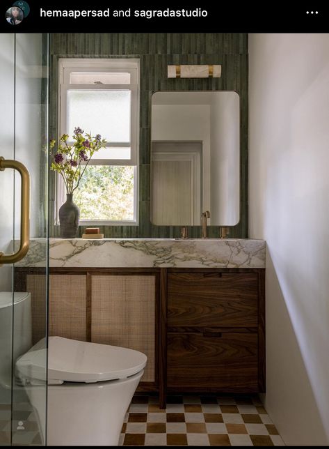 Checkered Powder Room, Fun Bathroom Vanity, Half Bath Vanity, Fun Tile, Checkered Tile, Under Bathroom Sink, Walnut Vanity, Fresh Bathroom, Green Backsplash