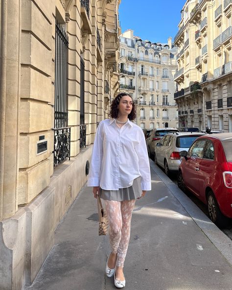 last time I post this outfit I promise ✨🤍 . . . . . . thrifted outfit, vintage style, fashion inspiration, thrifting, fashion trends 2024 pinterest style aesthetic, spring outfit inspiration, layering, Paris ootd, white tights, white popeline shirt, Paris Style Guide, white Ballerinas, lace tights #fashiontrends2024 #pinterestootd #whiteshirtstyle #parisootd #pinterestoutfitaethetic #lacetights #ballerinashoes White Shirt And Tights Outfit, How To Style White Tights, White Lace Tights Outfit, Trendy Fitted White Tights, Lace Tights Outfit Grunge, White Lace Tights Aesthetic, Lace Tights Outfit, White Tights Outfit, Tight Outfits