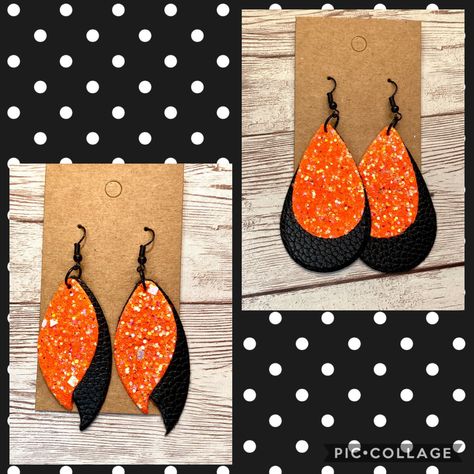 Diy Leather Feather Earrings, Leather Earrings Diy, Neon Earrings, Earrings Cricut, Faux Leather Crafts, Cricut Jewelry, Black Hooks, Glitter Halloween, Cricut Earrings