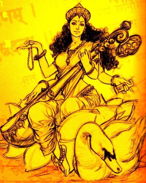 Saraswati Saraswati Painting Art Sketch, Saraswati Tattoo, Ma Saraswati, Devi Saraswati, Saraswati Picture, Saraswati Painting, Saraswati Mata, God Painting, Saraswati Goddess