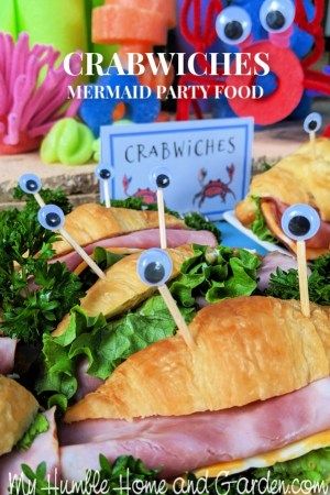 Throw The Best Mermaid Party - Crabwiches They'll Love - My Humble Home and Garden.  Click through for how to make these adorable crabwiches!  #kidsparty #partyfood #mermaidparty #sandwich #crab #underthesea Mermaid Party Lunch Ideas, Crabwiches Under The Sea, Mermaid Sandwiches, Mermaid Brunch, Cucumber Spread, Clam Shell Cookies, Pineapple And Cucumber, Tea Time Magazine, Mermaid Party Food