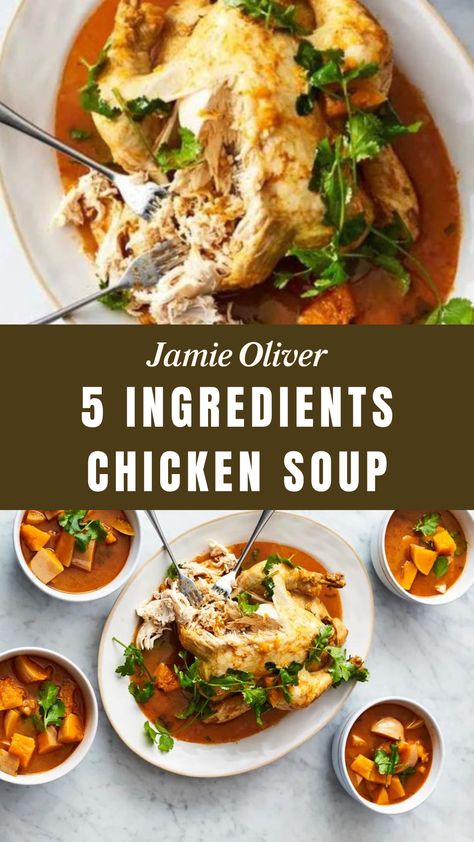 Jamie Oliver 5 Ingredients Chicken Soup Chicken Soup Thai, Chicken Butternut Squash, Jamie Oliver 5 Ingredients, Hearty Chicken Soup, Soup Thai, Soup Pairings, Thai Red Curry Paste, Hearty Soup Recipes, Red Chicken