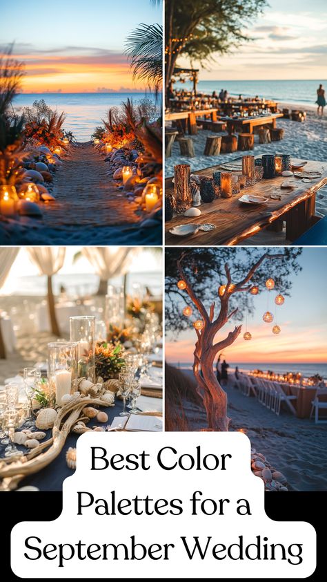 A beachfront fall wedding decorated with driftwood, seashells, deep blue, orange, and gold autumn colors, featuring a sunset ceremony and a cozy seafood dinner under the stars. Fall Ocean Wedding, Beach Wedding Fall, September Beach Wedding Colors, Wedding Color Palette Beach, Fall Beach Wedding Ideas, Coastal Fall Wedding, Beach Wedding Ideas Colors, Fall Beach Wedding Colors, Autumn Beach Wedding