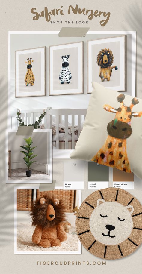 Safari Theme Mood Board featuring safari nursery accessories to bring the nursery to life including safari nursery prints, a giraffe nursery cushion, a lion soft toy, a faux jungle plant and a lion rug as well as some colour scheme options for a safari bedroom Safari Theme Bedroom, Zebra Nursery, Elephant Nursery Prints, Lion Nursery, Safari Decor, Safari Nursery Prints, Safari Theme Nursery, Giraffe Nursery, Safari Animals Nursery