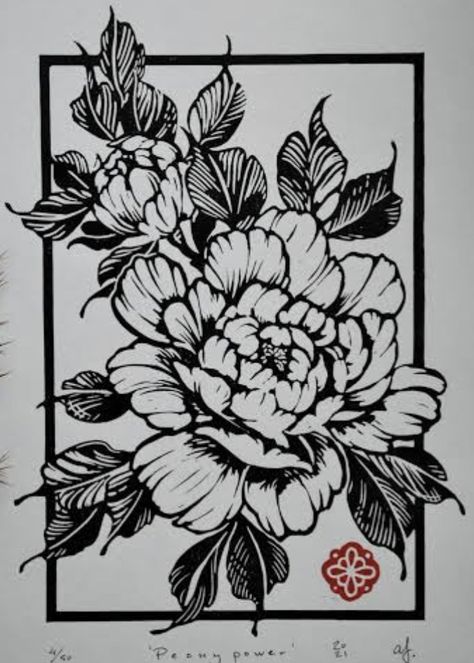 Asian Peony Tattoo, Black Red Flower Tattoo, Flower Relief Print, Black And White Printmaking, Peony Linocut, Traditional Tattoo Peony, Traditional Peony Tattoo, Linocut Flowers, Flower Linocut