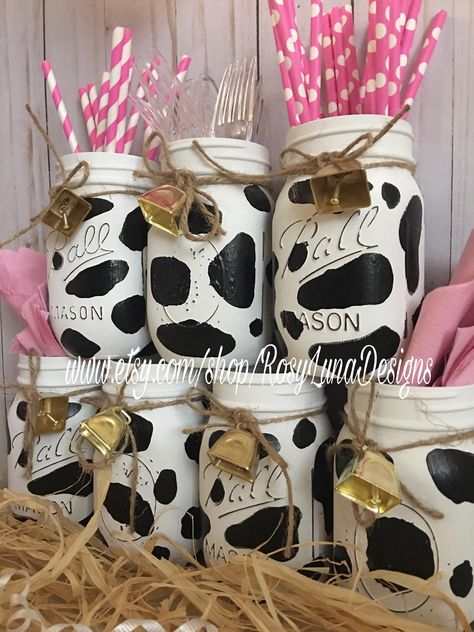 Cow themed party jars, birthday party centerpiece, home decor, desk decor Cow Themed Party, Cow Baby Shower Theme, Rodeo Birthday Parties, Cow Birthday Parties, Birthday Party Ideas For Kids, Barnyard Birthday Party, Cow Baby Showers, Farm Theme Birthday, Centerpiece Home