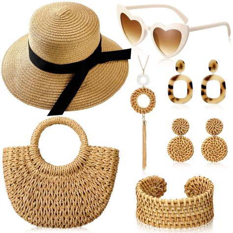 PRICES MAY VARY. Rattan Essential Set for Women: discover the charm of quality materials in our comprehensive rattan set for women, including 1 straw bag, 1 sun straw beach hat, 1 pair of summer sunglasses, 1 rattan bracelet, 1 long necklace and 2 pairs of rattan earrings; Exquisitely handcrafted, each item in the set exudes a bohemian vibe Summer Bohemian Style for Women: unleash your inner hippie with our beach bag and hat set for women; The khaki hat, light coffee colored bag and beige sungla Rattan Jewelry, Key West Outfits, Caribbean Vacation Outfit, Beach Hats For Women, Rattan Earrings, Cruise Attire, Straw Beach Hat, Resort Accessories, Women Vacation