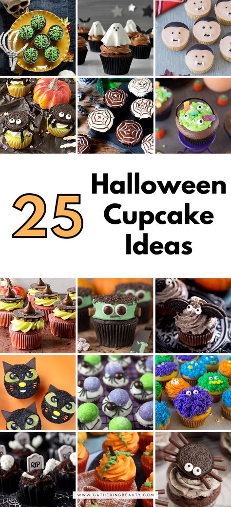 Halloween Cupcake Ideas — Gathering Beauty Halloween Themes Cupcakes, Cupcakes Decoration Halloween Easy, Halloween Diy Cupcakes, Cupcakes For Halloween Party, How To Decorate Halloween Cupcakes, Cute Halloween Cupcake Ideas Easy, October Birthday Cupcake Ideas, Halloween Birthday Cupcake Cake, Mini Cupcake Halloween Ideas