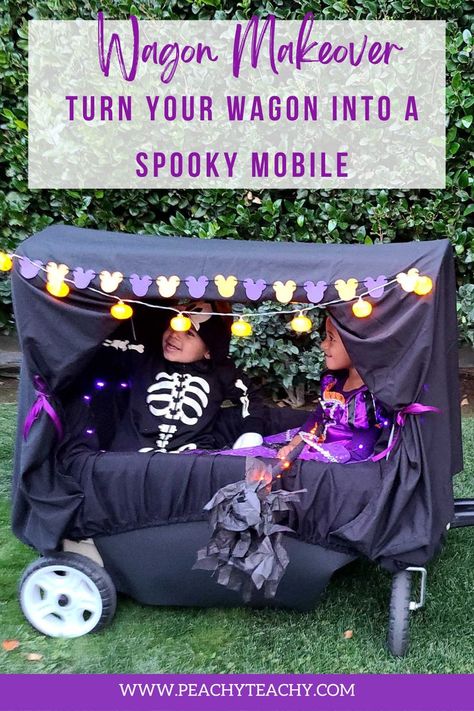 Diy Wagon Costume, Decorating Wagon For Halloween, Decorate Wagon For Halloween, Wagon Decorations For Halloween, Halloween Wagon Decor, Stroller Decoration Ideas, Wagon Halloween Ideas, Halloween Wagon Ideas, Wagon Makeover