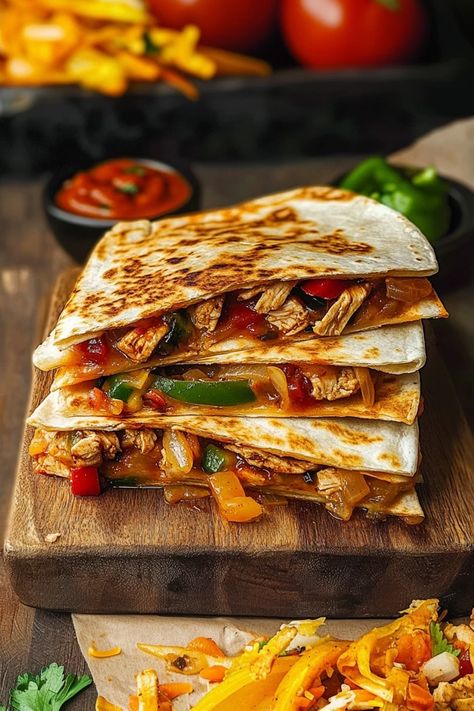 Sizzling with bold flavors, this Chicken Fajita Quesadilla is loaded with juicy, seasoned chicken, tender peppers, and melted cheese all perfectly toasted in a crispy tortilla. It’s a quick, easy, and delicious meal for any occasion. Try this delicious recipe, perfect for any occasion! #chickenfajitas #quesadillarecipe #easyrecipes #mexicanfood #quickmeals #dinnerideas #texmex #familydinner #cheesyquesadilla #weeknightmeals Fajita Quesadilla Recipe, Chicken Fajita Quesadilla, Chicken Fajita Quesadillas, Fajita Quesadilla, Cheesy Quesadilla, Fajita Spices, Quesadilla Recipe, Chicken Tender, Sweet Bell Peppers