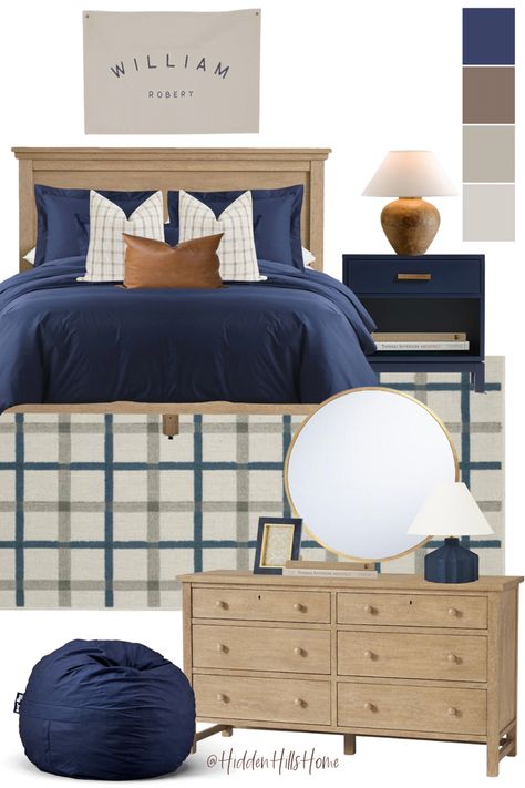 Teen boys room decor mood board with brown and navy blue tones! Navy Bedding Boys Room, Navy Blue And Brown Bedding, Mirror For Boys Bedroom, Navy And White Boys Bedroom, Boys Navy Blue Bedroom, Navy And Leather Bedroom, Blue Teen Bedroom Boy, Brown And Navy Bedroom, Navy Teen Boy Bedroom