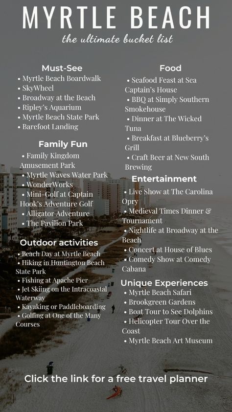 Things To Do In Myrtle Beach, What To Do In Myrtle Beach Sc, Things To Do In Myrtle Beach Sc, Myrtle Beach Safari, Beach Bucket List, Beach Itinerary, Free Travel Planner, Myrtle Beach Things To Do, Travel 2025