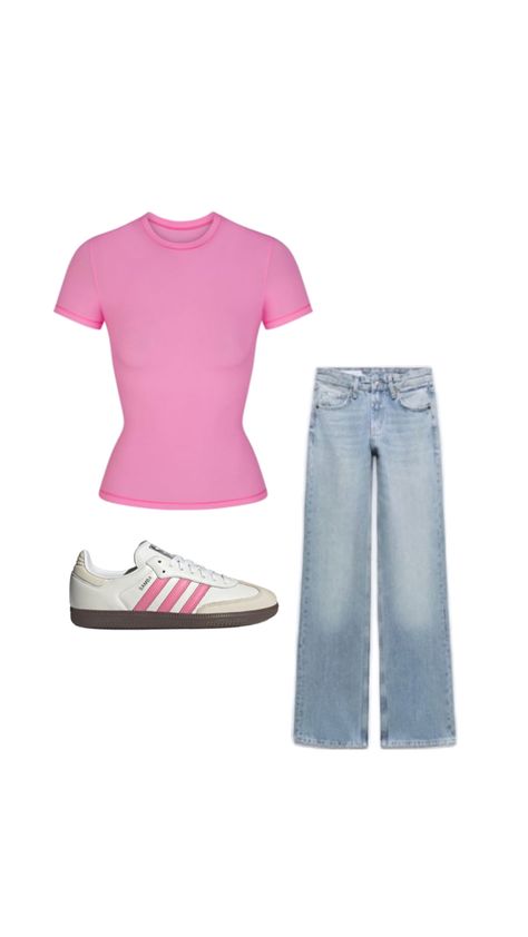 SKIMS Cotton Jersey T-Shirt in Sugar Pink, Zara mid-rise wide-leg jeans in light blue, Adidas cloud white / lucid pink Samba OG Light Pink Shirt Outfit, Pink Adidas Outfit, Pink Sambas, Pink Samba, Light Blue Jeans Outfit, Light Blue Adidas, Pink Shirt Outfit, Samba Adidas Outfit, Adidas Samba Outfit