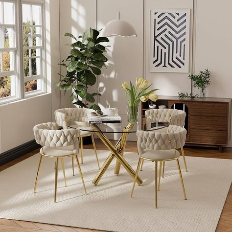 Amazon.com - yeag Round Glass Dining Table Set for 4, 47 Inch Round Clear Tempered Glass Dining Room Table (Round Leg) & 4 Beige Woven Velvet Upholstered Dining Chairs with Gold Metal Legs for Kitchen Dining Room - Table & Chair Sets Dining Room Ideas Glass Table, Dining Room Table Round, Cozy Chairs, Woven Chairs, Glam Dining Room, Gold Dining Room, Glass Dining Table Set, Glass Dining Room Table, Glass Round Dining Table