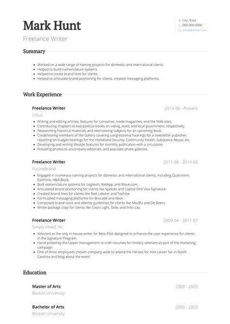 Freelance Writer - Resume Samples and Templates | VisualCV Writer Resume, Resume Guide, Computer Literacy, Rude Words, Cv Examples, High School Education, Create A Resume, Creative Jobs, Resume Format