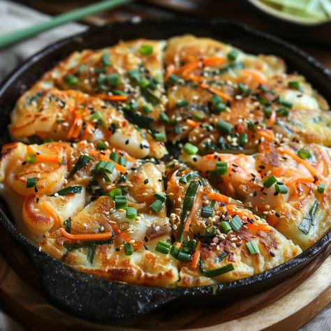 🍤 Savor the savory Haemul Jeon! 🌊✨ #HaemulJeon #KoreanPancake Haemul Jeon (Seafood Pancake) Ingredients: Seafood mix (shrimp, squid, clams), chopped (1 cup) Green onions, chopped (1/2 cup) Carrots, julienned (1/2 cup) All-purpose flour (1 cup) Cold water (1 cup) Egg (1) Salt (1 tsp) Soy sauce (2 tbsp) Sesame oil (1 tbsp) Vegetable oil (for frying) Instructions: In a bowl, mix flour, cold water, egg, and salt to form a batter. Add seafood mix, green onions, and carrots. Heat vegetable oil ... Korean Seafood Pancake, Pancake Ingredients, Korean Seafood, Seafood Pancake, Korean Pancake, Seafood Mix, Instagram Recipes, Twisted Recipes, Pancakes Ingredients