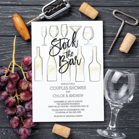 Black White Stock the Bar Couples Shower Invite Stock The Bar Party Invitations, Stock The Bar Party, Modern Hand Lettering, Wedding Showers, Bar Glasses, Bar Party, Couple Shower, Hand Sketch, White Stock