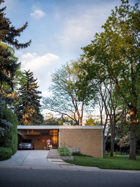 Photo 13 of 14 in An International Style Midcentury Masterpiece in Denver Gets a Meticulous Update - Dwell Scandi Farmhouse, Spring Architecture, Modern Exteriors, Modern Driveway, Light Green Walls, Brick Siding, Mcm House, Tiny Cabins, Austin Homes