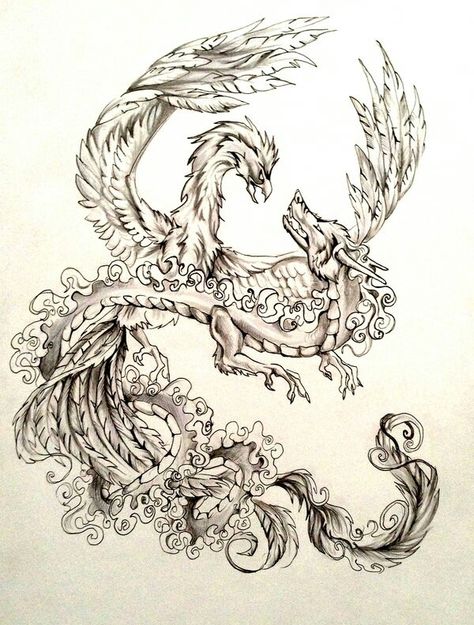 Dragon nd phoenix fighting yin nd yang Phoenix Dragon Tattoo, Dragon And Phoenix Tattoo, Phoenix Tattoo Sleeve, Dragon Tattoo Meaning, Phönix Tattoo, Phoenix Dragon, Tattoo Dragon, Chinese Dragon Tattoos, Phoenix Tattoo Design