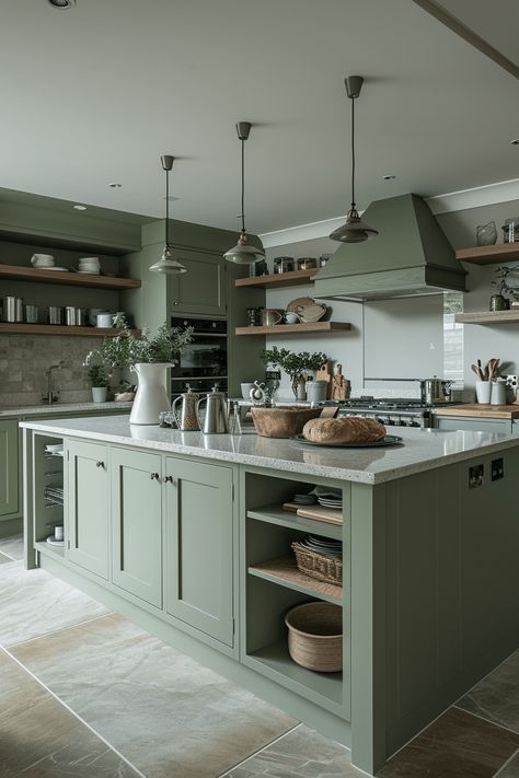 Green And White Kitchen Ideas, Green Kitchen Ideas, Light Green Kitchen, Moody Farmhouse, Olive Green Kitchen, Dark Blue Kitchens, Sage Kitchen, Green Kitchen Designs, Sage Green Kitchen