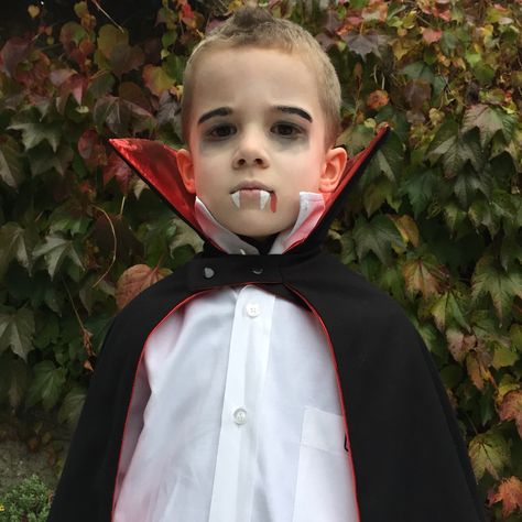 Dracula costume and face paint. Cape is pattern from Virginie Desmoulins' queen cape, with pointed collar instead if round. @La Maison Victor Dracula Face Paint, Vampire Face Paint, Vampire Theme Party, Face Painting Halloween Kids, Queen Cape, Dracula Cape, Dracula Costume, Face Painting Halloween, Facepaint